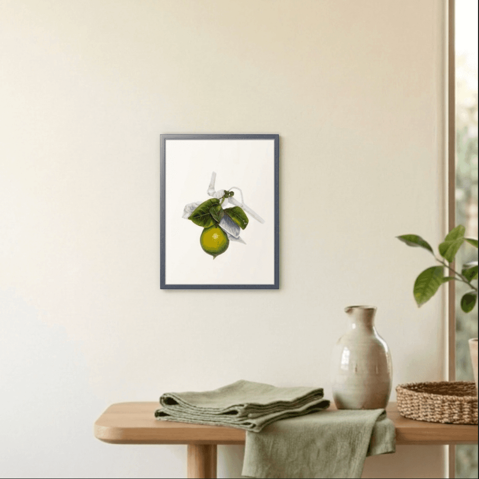 Citrus Silence framed on a pale wall above a wooden bench with linen and ceramic vases