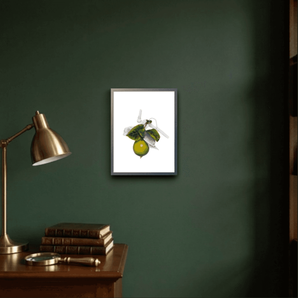 Citrus Silence framed on a deep green wall above a writing desk with a brass lamp