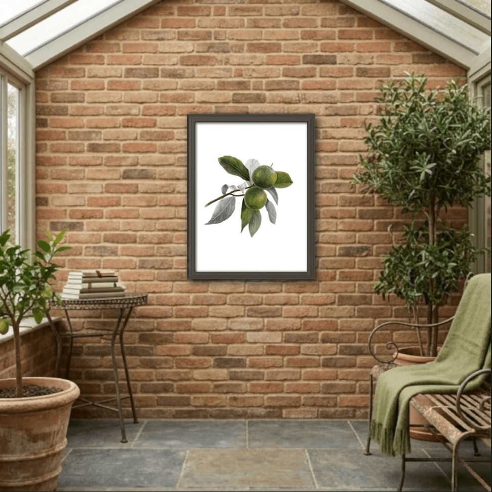 Twin Limes framed on an exposed brick wall in a plant-filled garden room