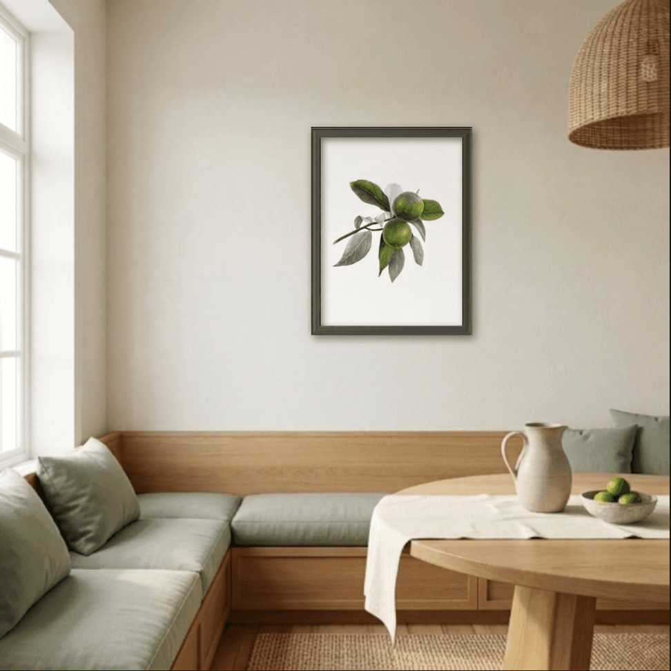 Twin Limes framed above a wooden banquette in a sunlit dining nook